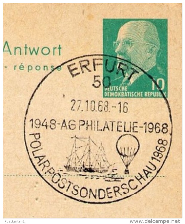 SHIP BALLOON POLARMAIL Erfurt 1968 On East German Postal Card P77A - Autres Modes De Transport