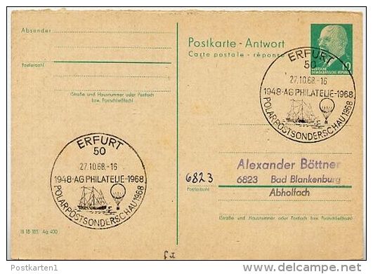 SHIP BALLOON POLARMAIL Erfurt 1968 On East German Postal Card P77A - Autres Modes De Transport