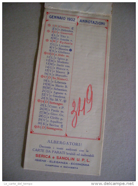 Calendario/almanacco Pubblicitario "1932 - Carte Da Parati GATTINO" - Grand Format : 1921-40