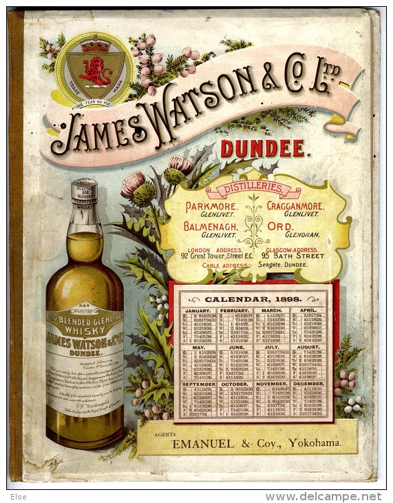 JAMES WATSON & Cie  Ltd  -  CALENDRIER PUBLICITAIRE 1898  -  AGENT EMANUEL YOKOAMA  -  8 BAGES  DOUBLE COUVERTURE CARTON - Alcoholes