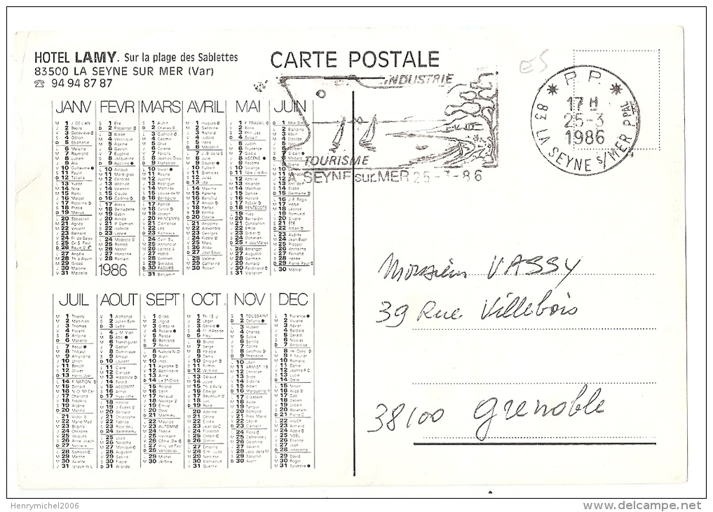 Var - 83 - La Seyne Sur Mer - Hotel Lamy Plage Sablettes , Calendrier 1986 , Port Payé Pp - 2scans - Sanary-sur-Mer