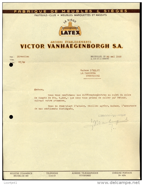 Faktuur Facture Bruxelles Fabrique De Meubles Victor Vanhaeghenborgh - Autres & Non Classés
