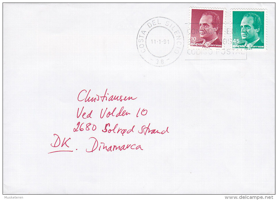 Spain Deluxe COSTA DEL SILENSIO 1991 Cover Letra To SOLRØD STRAND Denmark Juan Carlos Stamps - Storia Postale