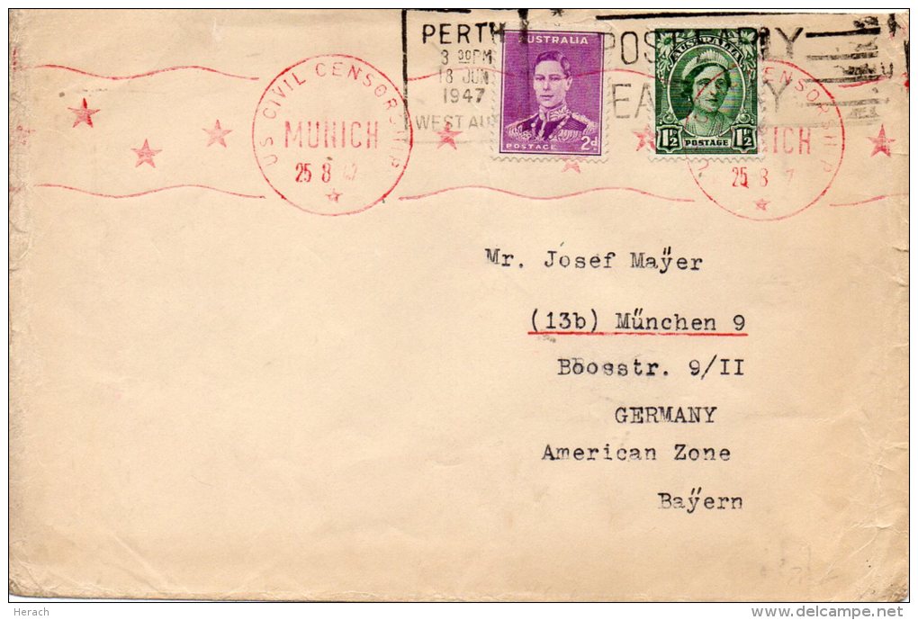 AUSTRALIE LETTRE CENSUREE POUR L'ALLEMAGNE 1947 - Covers & Documents