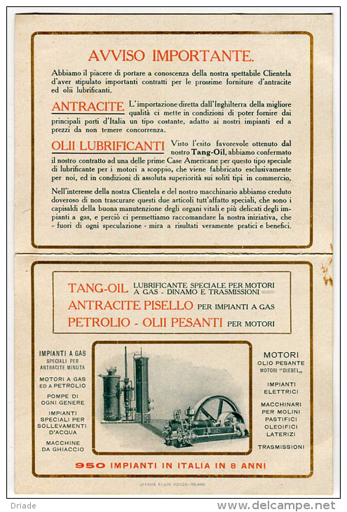 CALENDARIO FORMATO PICCOLO PUBBLICITà ANTRACITE E OLII LUBRIFICANTI TANGYES MILANO NAPOLI BIRMINGHAM ANNO 1913 - Petit Format : 1901-20