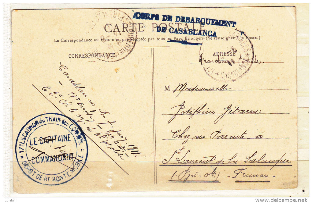 MAROC CARTE POSTALE A DESTINATION DE LA FRANCE GRIFFE CORPS DE DÉBARQUEMENT DE CASABLANCA DU 8.9.1911 - Lettres & Documents