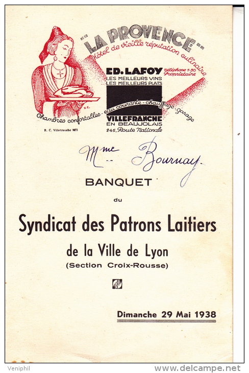MENU -BANQUET DU SYNDICAT DES PATRONS LAITIERS -LYON -CROIX-ROUSSE -1938 - Menus