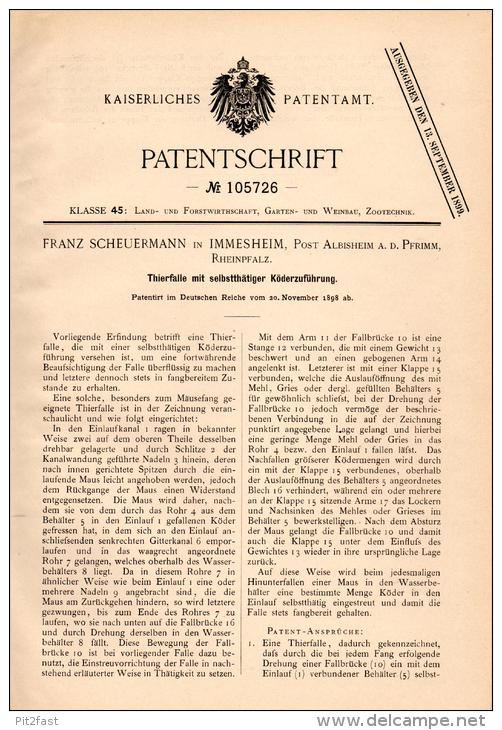 Original Patentschrift - F. Scheuermann In Immesheim B. Göllheim ,1898, Tierfalle Mit Köderzufuhr , Albisheim , Jagd !!! - Historische Dokumente