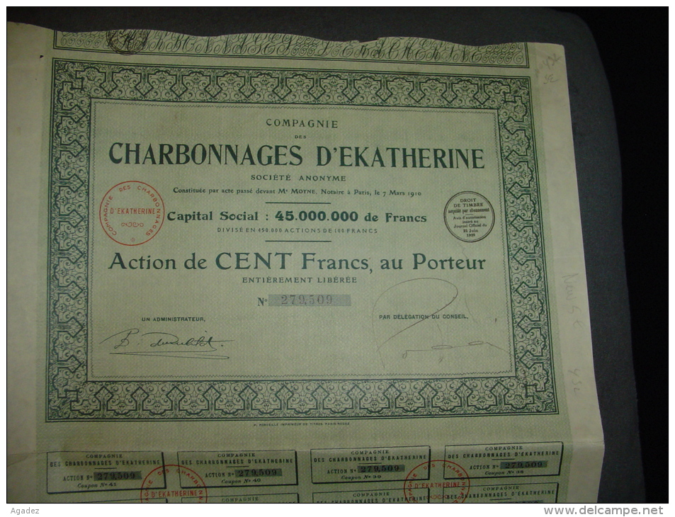 Action"Charbonnages D'Ekatherine"Paris 1910 Bon état,reste Des Coupons.Charbon Mines Coal Russie Russia Donetz - Rusland