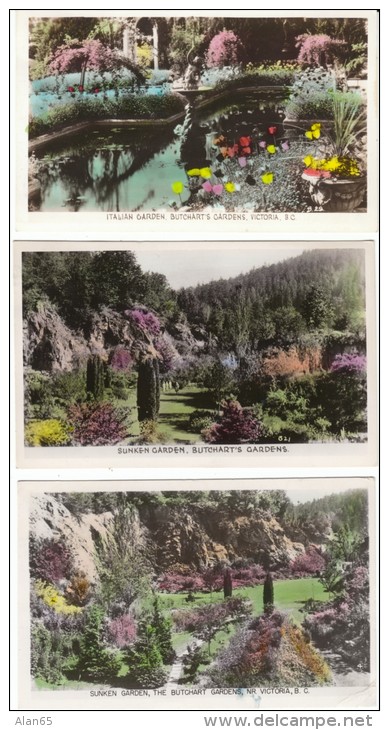 Lot Of 5, Victoria BC Canada, Butchart's Gardens, C1940s Vintage Colorized Real Photo Postcards - Victoria