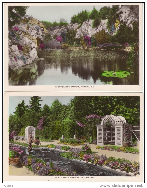 Lot Of 5, Victoria BC Canada, Butchart's Gardens, C1940s Vintage Colorized Real Photo Postcards - Victoria