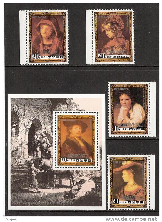 Paintings 375th Anniv. Rembrant North Korea 1981 MNH 4 Stamps +sheet Mi 2145-48, BL101 - Rembrandt