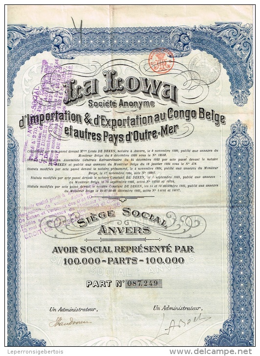 Titre Ancien LA LOWA Sté D'importation Et D'exportation Au Congo Belge Et Pays D'Outremer - Africa