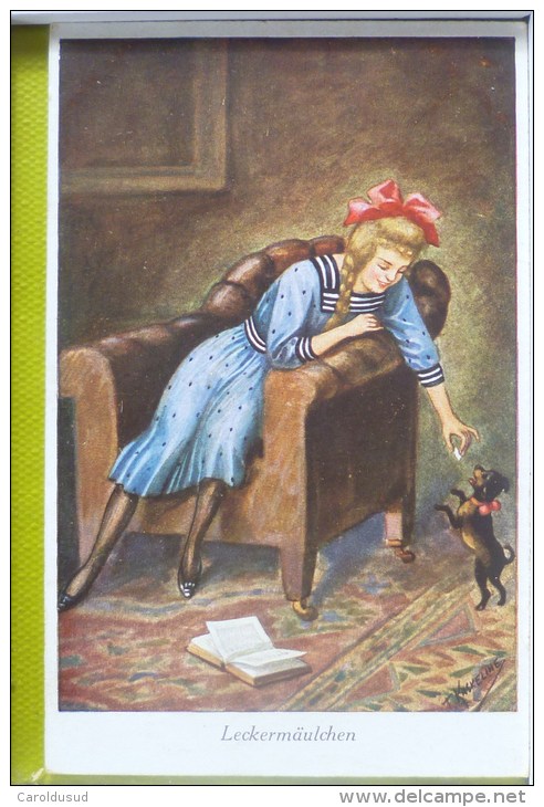 Cpa Litho Iillustrateur KASKELINE LECKERMAULCHEN Femme Fille Et Petit Chien Voyagé 1924 Timbre Aiglon Cachet Husum - Kaskeline