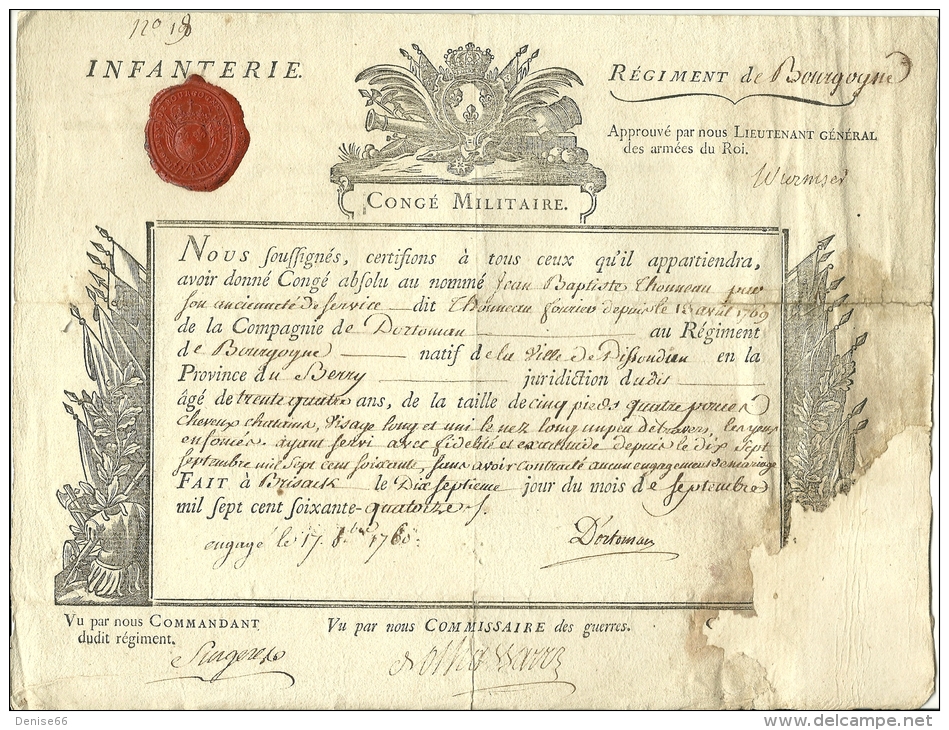 1774 - Congé Militaire - INFANTERIE - Régiment De BOURGOGNE - Engagé En 1760 (Guerre De Sept Ans) - Historical Documents