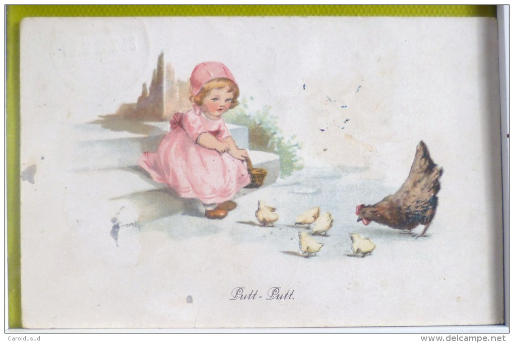 Cpa Litho Illustrateur Elly FRANK Bébé Enfant Donne Graine A Poule Poussin Putt Putt  +- 1907 - Frank, Elly