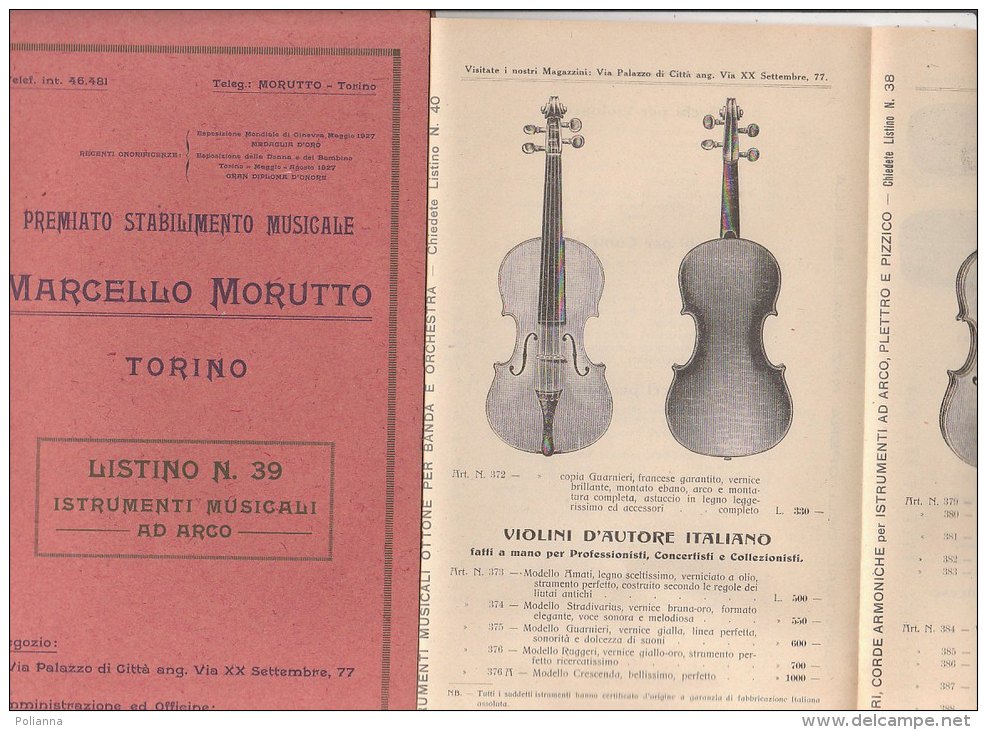 C1172 - Listino Illustrato STRUMENTI MUSICALI AD ARCO : VIOLINI - VIOLE - CONTRABBASSI Stab.Musicale - Torino 1929 - Strumenti Musicali