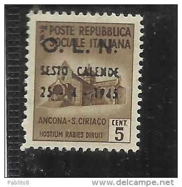 CLN SESTO CALENDE 1945  MONUMENTS DESTROYED OVERPRINTED MONUMENTI DISTRUTTI SOPRASTAMPATO 5 CENT. MNH - National Liberation Committee (CLN)