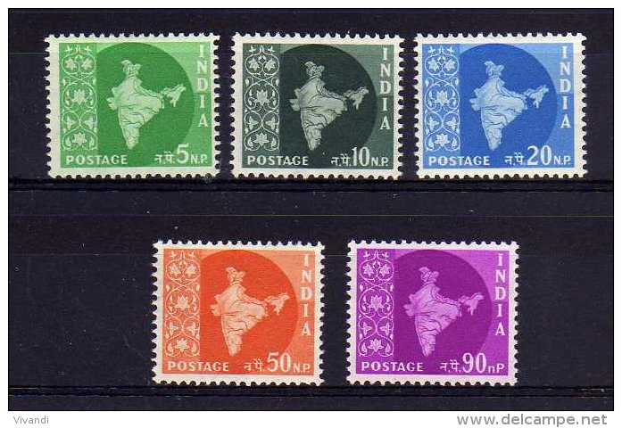 India - 1957/58 - Map Of India (5 Values, Star Watermark) - MH - Ungebraucht