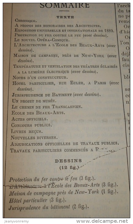 La Semaine Des Constructeurs. N°34.  18 Février 1888. Hôtel Particulier, Rue Euler à Paris. Maison  Près De New-York. - Revistas - Antes 1900