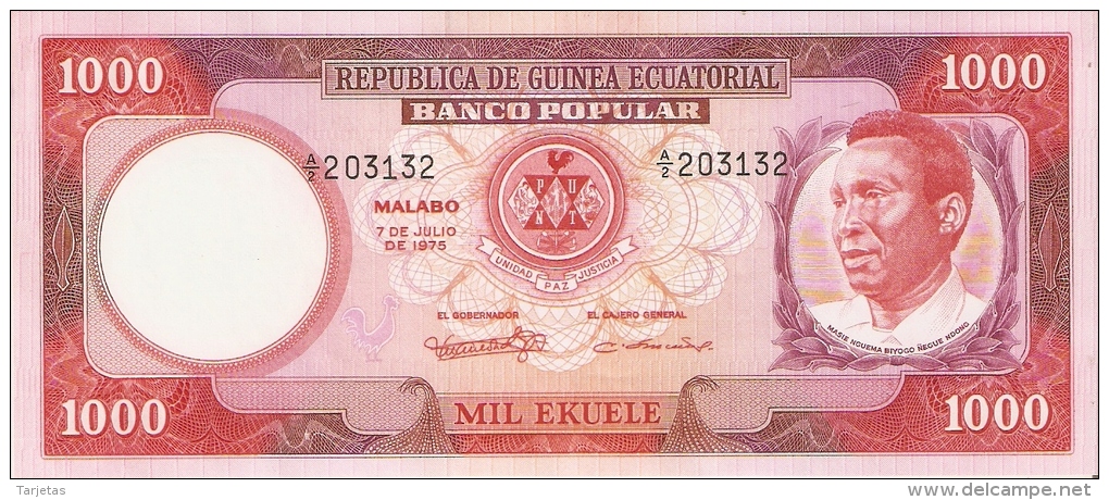 BILLETE DE GUINEA ECUATORIAL DE 1000 EKUELE DEL AÑO 1975 SIN CIRCULAR-UNCIRCULATED (BANKNOTE) - Guinée Equatoriale