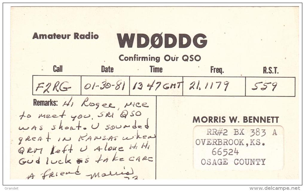 CARTE RADIO - QSL - CARTE RADIO QSL - U.S.A - ETATS UNIS - KANSAS - OVERBROOK - 1979 - Radio Amateur