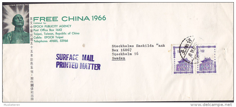 Taiwan FREE CHINA 1966 , TAIPEI Surface Mail Printed Matter Cover Brief To STOCKHOLM Sweden Chang Kai Chek Cachet - Lettres & Documents