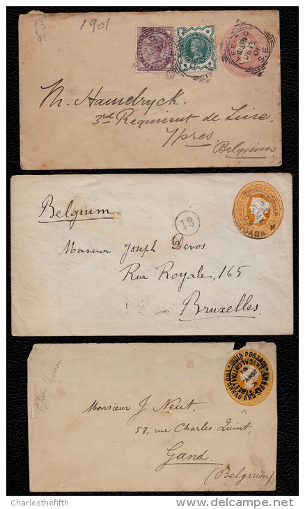 2 INDIA POSTAGE STATIONARY COVERS 1891 & 1909 + NICE 1901 SURCHARGED TO BELGIUM - - Interi Postali