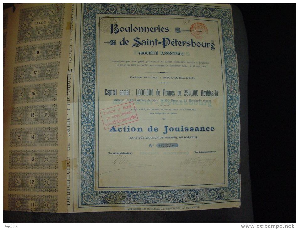 Action De Jouissance  " Boulonneries De St Petersbourg " Bruxelles 1899 Russie Russia - Russland