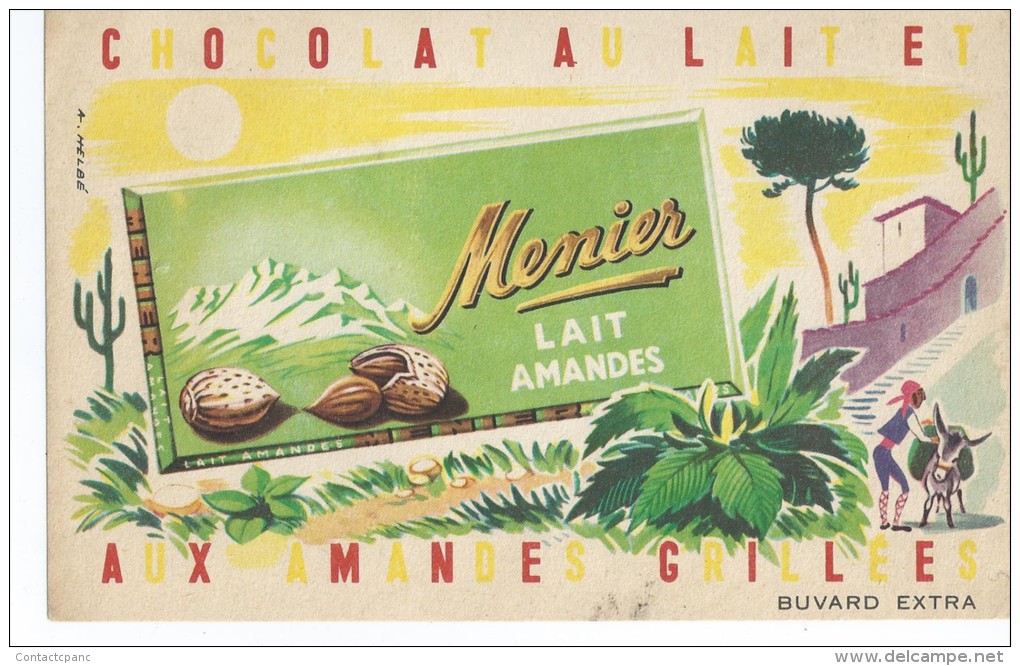 Chocolat   MENIER  Lait   Amandes    -    Illustrateur  A.  Hebé      Ft  =  21 Cm X 13.5 Cm - Cacao