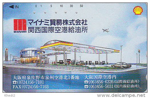 TC Japon / 221-445 - Essence Pétrole SHELL Station Service & Avion - Oil Tank Japan Phonecard - Benzin Tankstelle - 56 - Olie