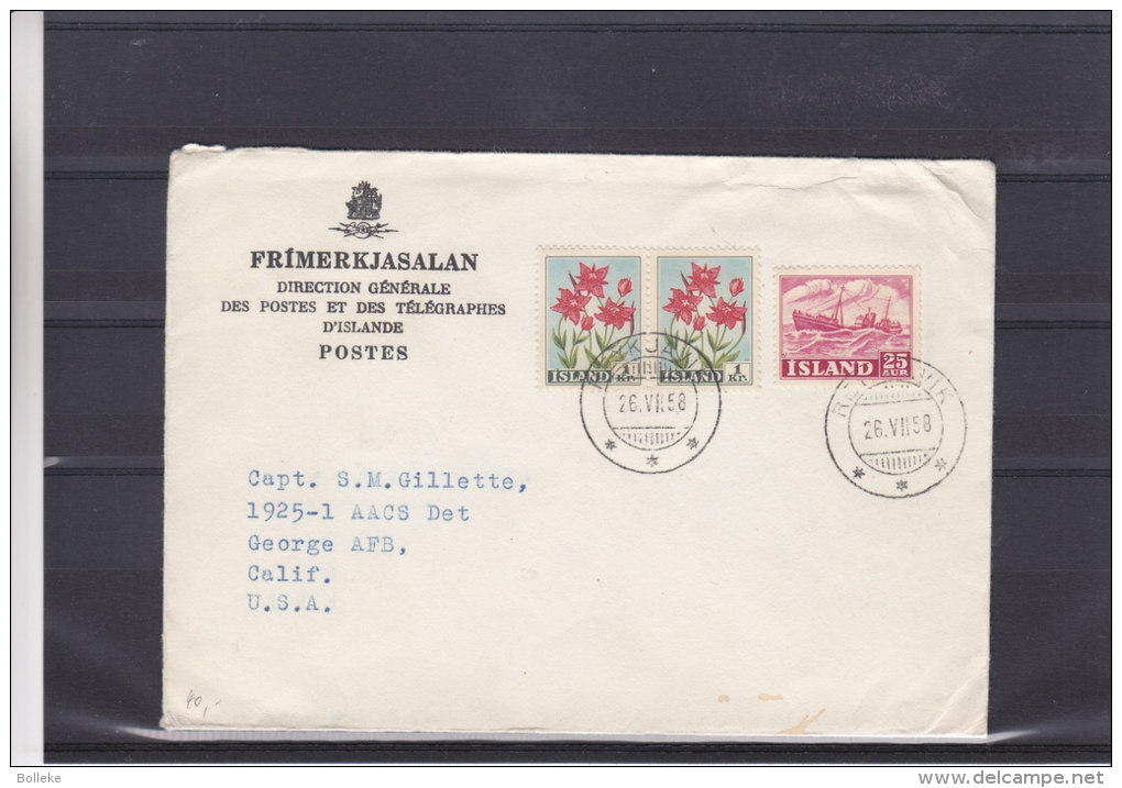 Fleurs - Bateaux  - Islande - Lettre De 1958 - Expédié Vers Les Etats Unis - Covers & Documents