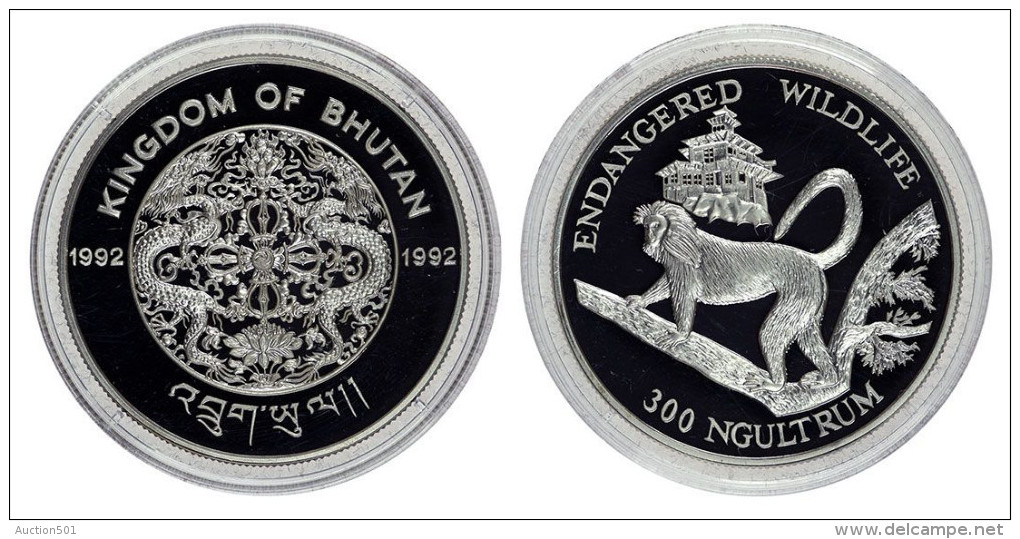 AG00006 Bhutan 1992, 300 Ngultrum, 1 Singe "endangered Wildlife", Silver 9250. Ag 31 G - Bhoutan