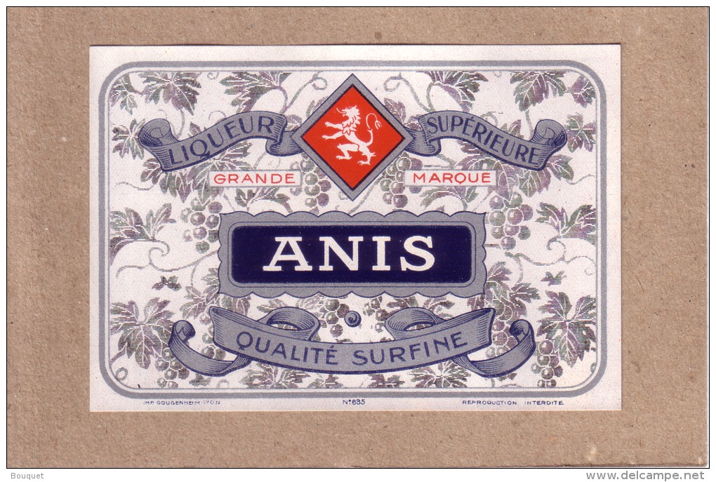 ETIQUETTE - ANIS - LIQUEUR SUPERIEURE - QUALITE SURFINE - LION - EDITEUR GOUGENHEIM - Autres & Non Classés