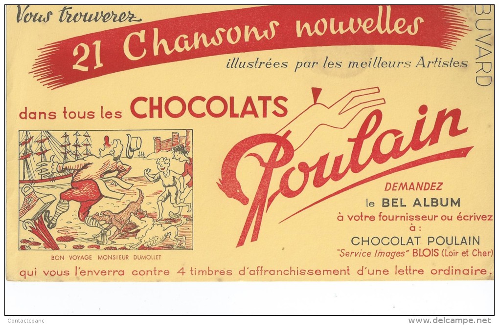 Chocolats   POULAIN   21 Chansons Nouvelles   "  Bon Voyage Mr Dumollet  "  FOND  JAUNE    -   Ft  =  21.5 Cm X 14 Cm - Cocoa & Chocolat