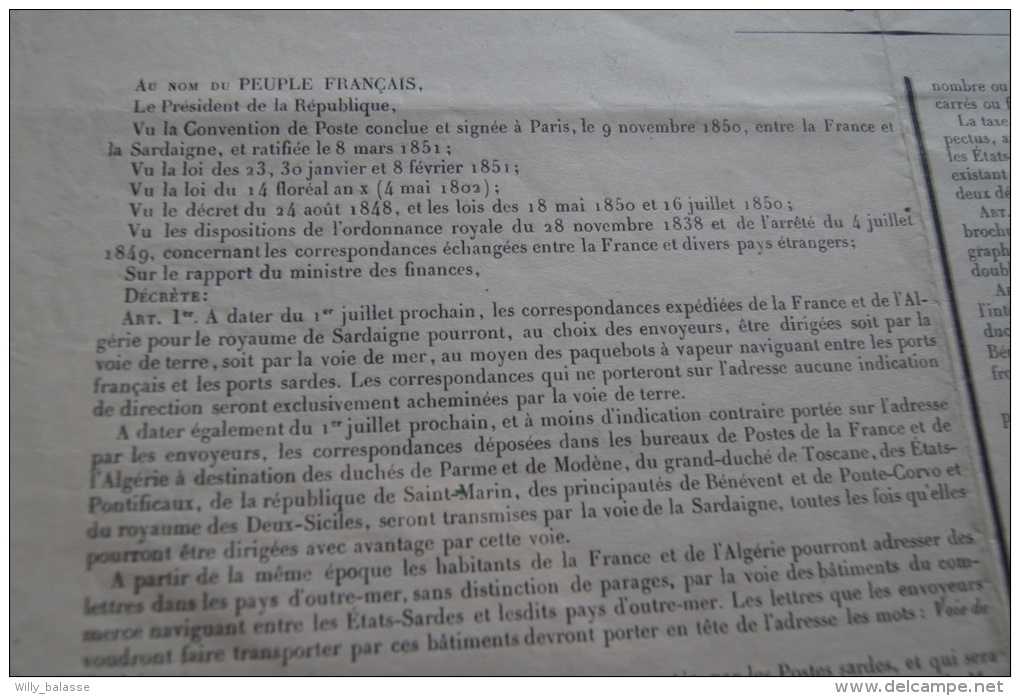 Placard : Administration Des Postes Décret 1851 - Exécut. De La Convention Des Postes Du 9 Nov 1850 France Et Sardaigne - Décrets & Lois