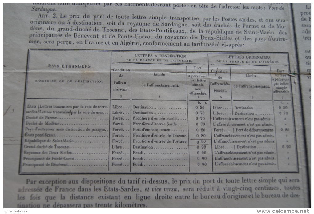 Placard : Administration Des Postes Décret 1851 - Exécut. De La Convention Des Postes Du 9 Nov 1850 France Et Sardaigne - Décrets & Lois