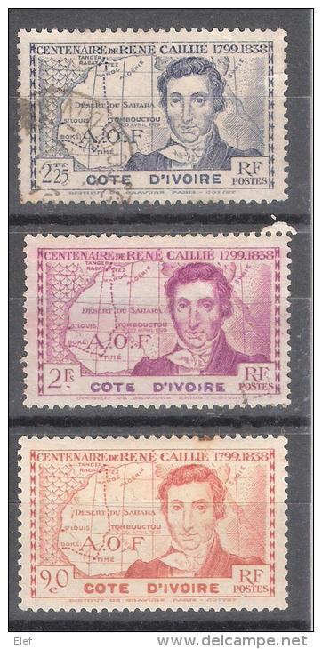 COTE D' IVOIRE, 1939, Série René Caillé, Explorateur; Yvert N° 141 / 142 /143, Obl Sauf Le 141 Neuf *, Cote 3,50 Euros - Oblitérés