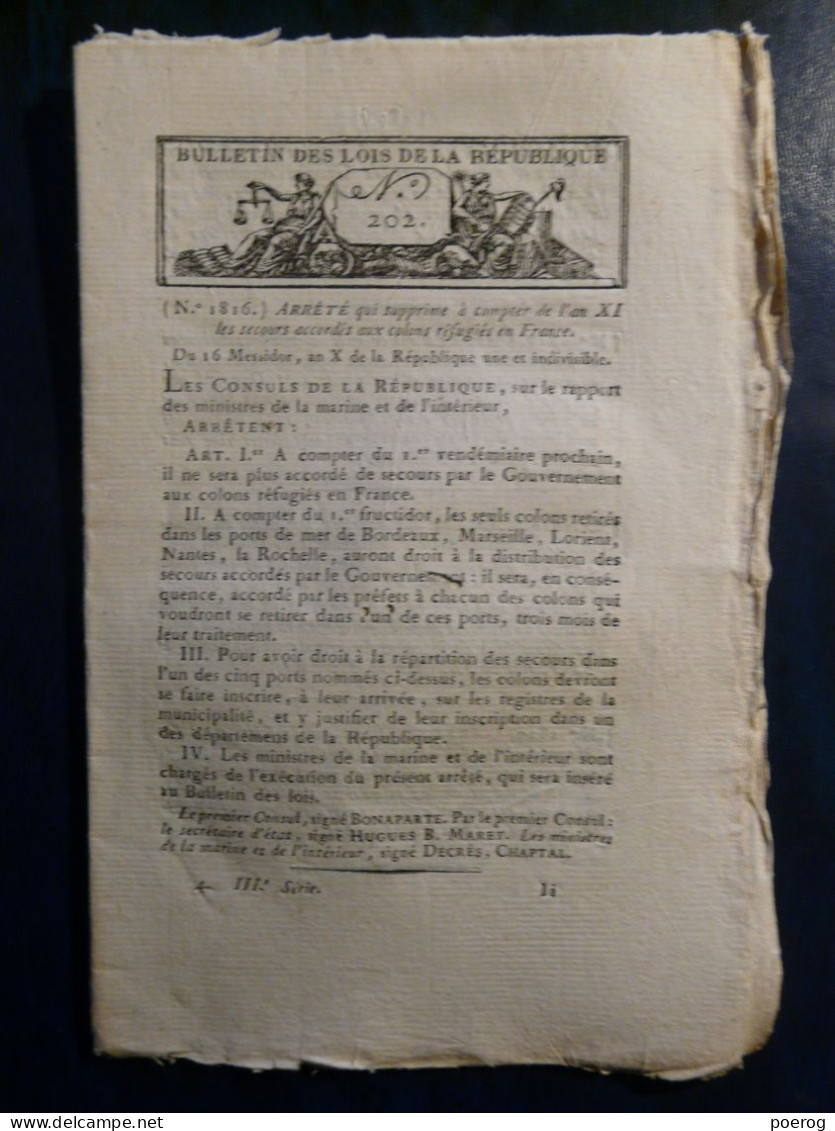 BULLETIN DES LOIS 1802 - COLONS REFUGIES EN FRANCE - PROVINS - FORET ALLEMAGNE MILITAIRES DETENUS - FOIRES 13 COMMUNES - Décrets & Lois