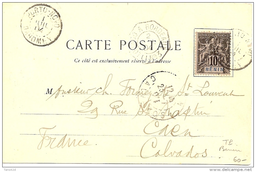 LBL20/3 - BENIN S/ CPA VOYAGEE PORTO NOVO / CAEN 1/7/1904 OBL. MARITIME LOANGO A BORDEAUX LIGNE N°3 - Poste Maritime