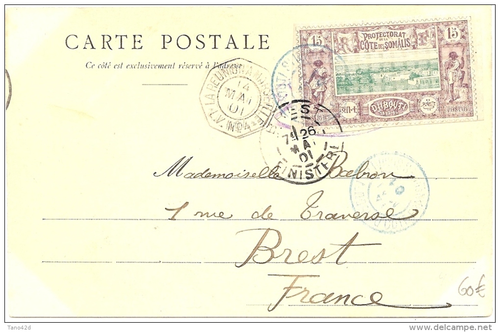 LBL20/3 - DJIBOUTI 15c S/ CPA VOYAGEE DJIBOUTI / BREST 14/5/1901 OBL MARITIME LA REUNION A MARSEILLE L.V. N°4 - Maritime Post