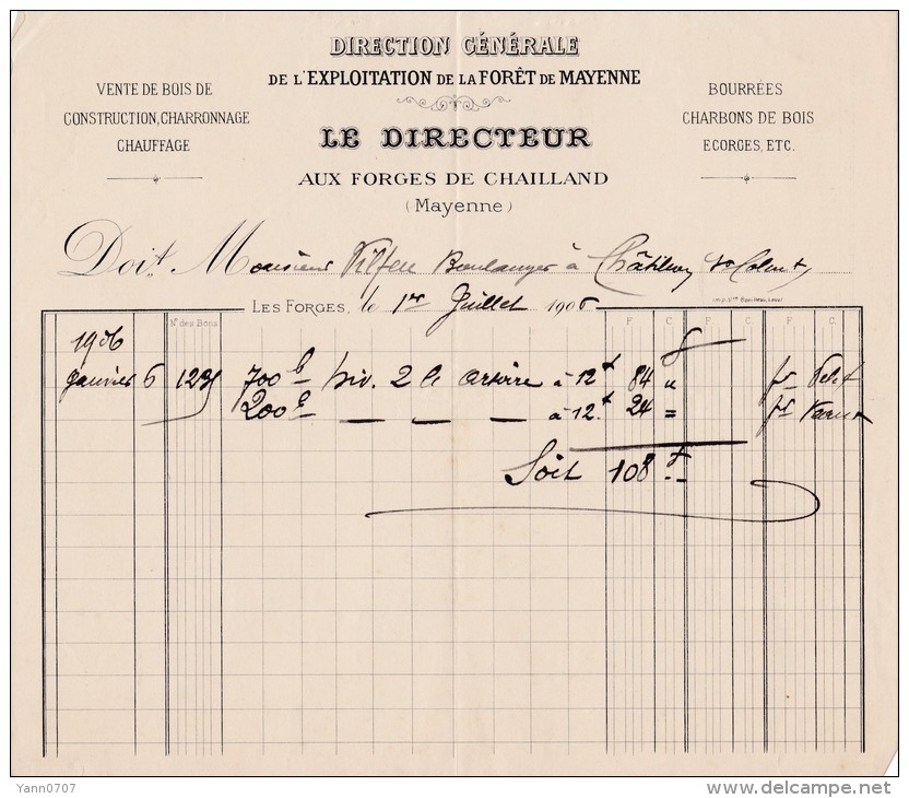 Facture Vente De Bois "aux Forges De Chailland" 1906 - Andere & Zonder Classificatie