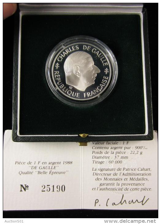 AG00901 Monnaie De Paris, 1 F., De Gaulle, 1988, N°25190, Argent 900, 22 G., 37 Mm,, Boite D'origine - Autres & Non Classés