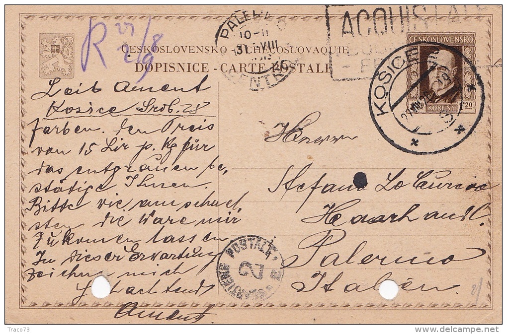 KOSICE /  PALERMO (Italia) - Card _ Cartolina Postale - Viaggiata 27.08.1926 - Altri & Non Classificati