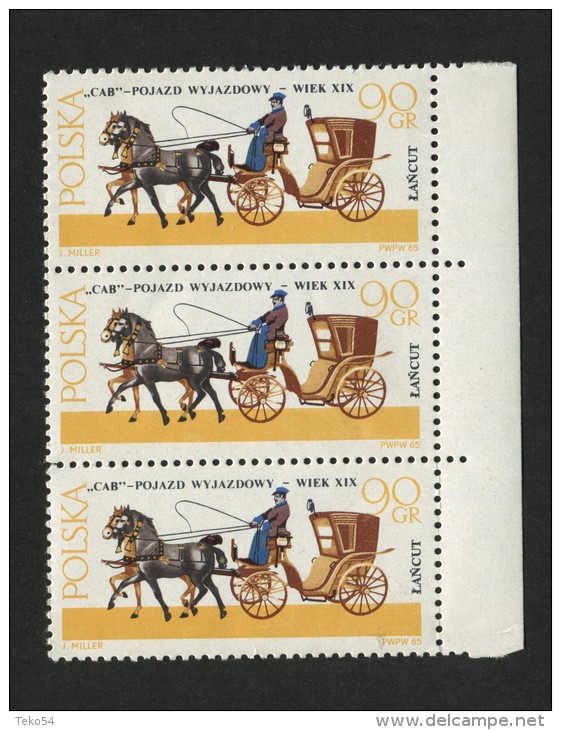 1965 Poland Polska, Mi.1648, Fi. 1499, ** MNH  3-stamp-block Unused, Variety, Horse, See Scan - Errors & Oddities