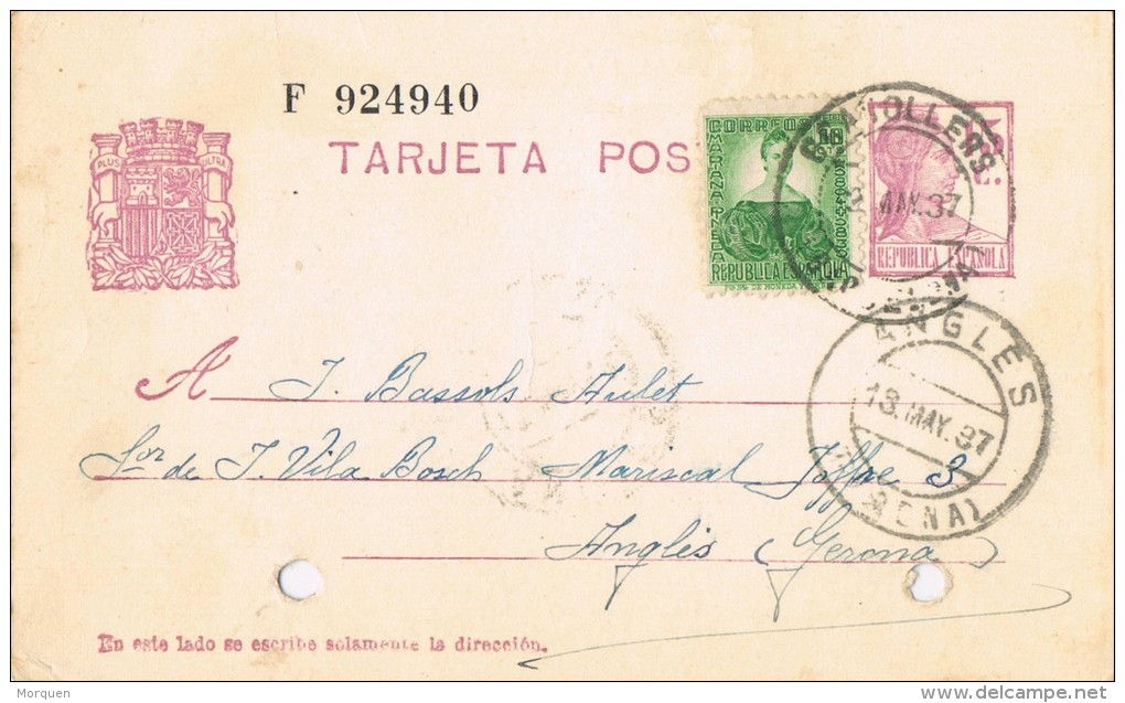 5295. Entero Postal GRANOLLERS (Barcelona) 1937. Franqueo Complementario - 1931-....