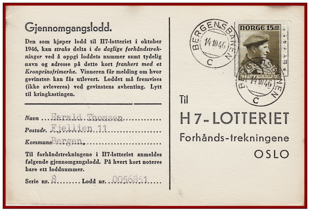 Bahnpost Norwegen Bergegensbanen  Vom 14.10.1946 - Briefe U. Dokumente