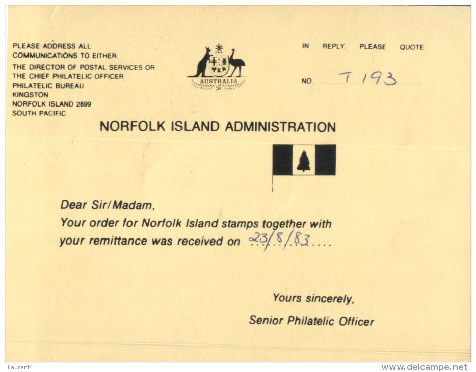 (351) Australia - NSW - Norfolk Island Post Office Receipt Postal Postcard - Norfolk Island