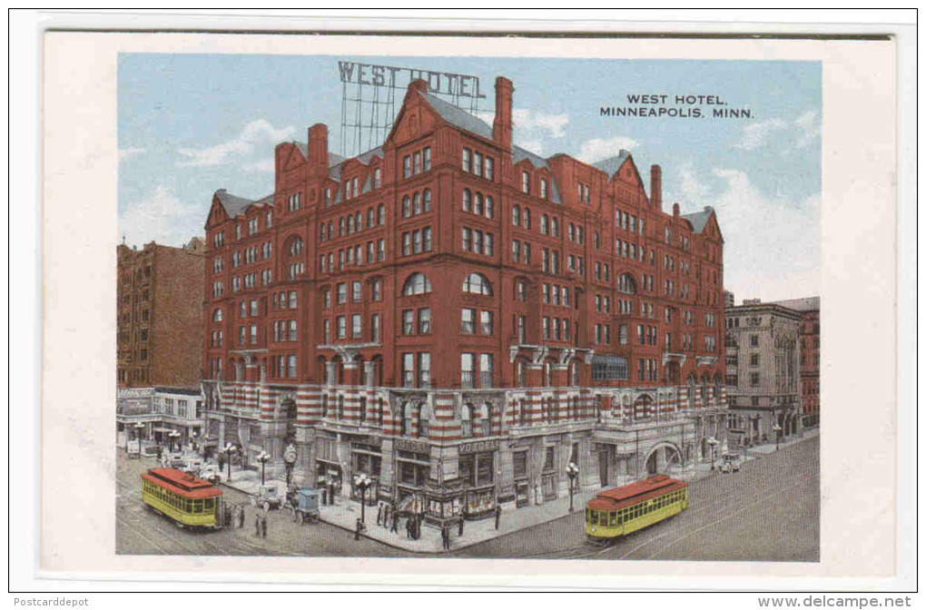 West Hotel Streetcars Minneapolis Minnesota 1920c Postcard - Minneapolis