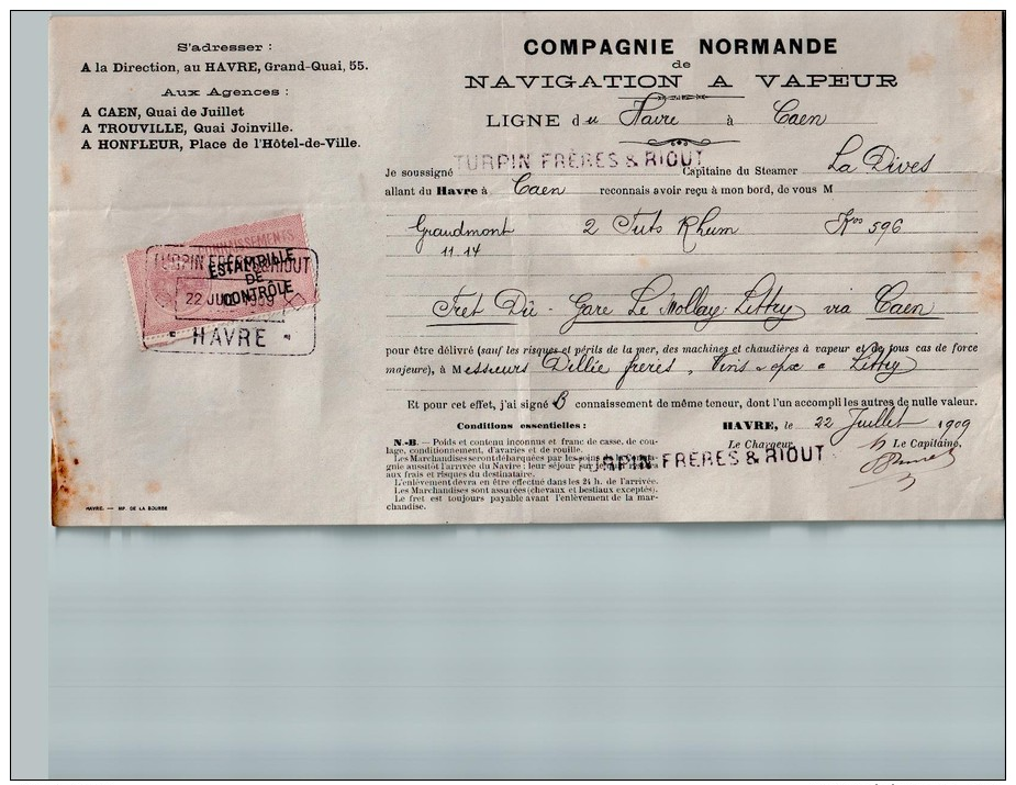 Entête Du 22/07/1929 COMPAGNIE NORMANDE - Navigation à Vapeur - Havre - Transport